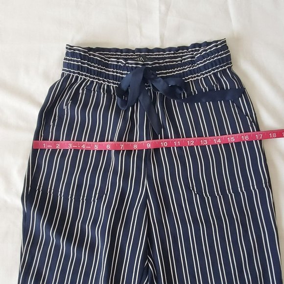 ZARA Women's Navy Blue/White Striped Drawstring Paperbag Pants Size XS - Picture 11 of 16